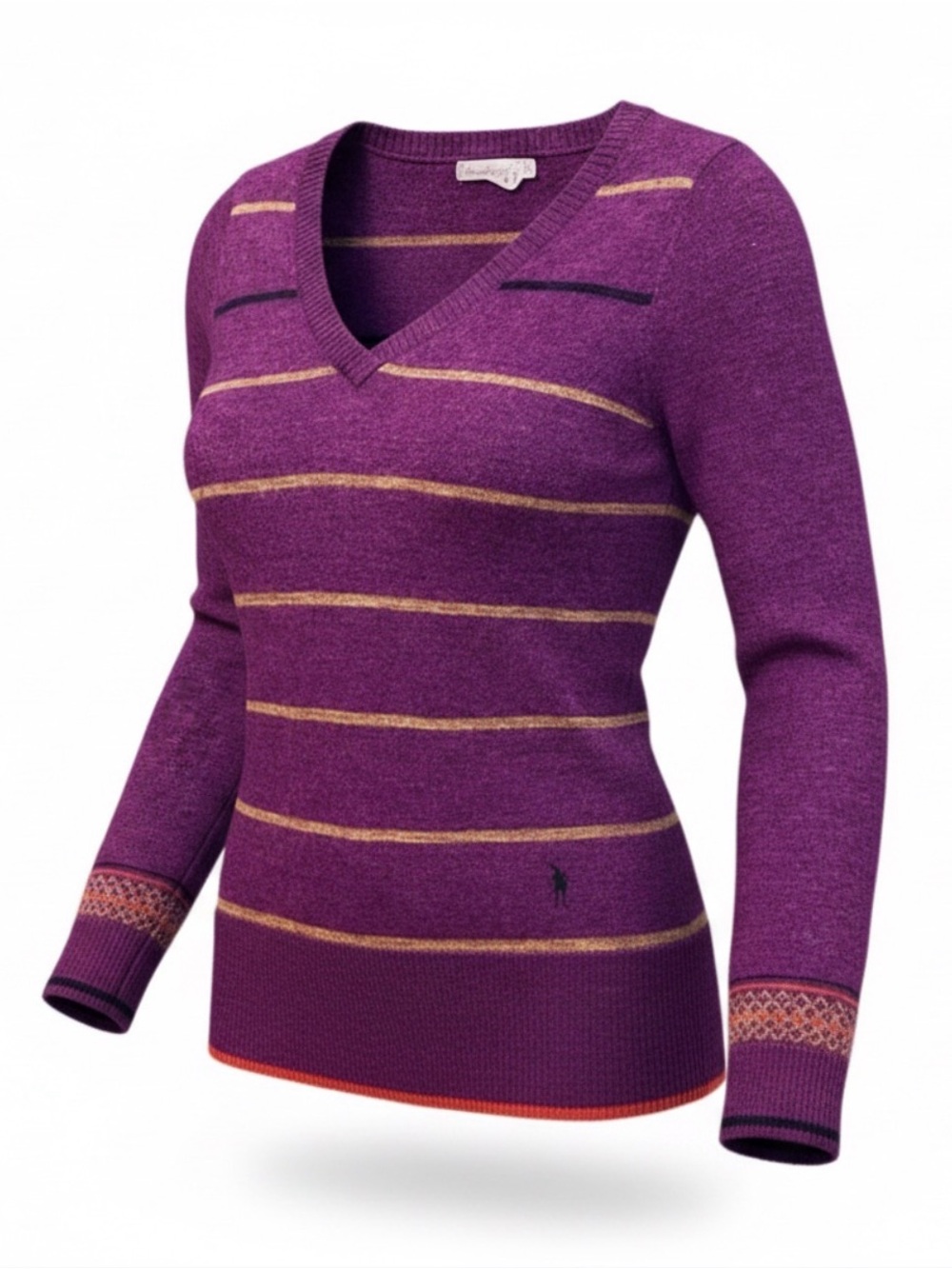 100% Pure Wool V-neck Stripped Smart Wool Sweater. Size Small
